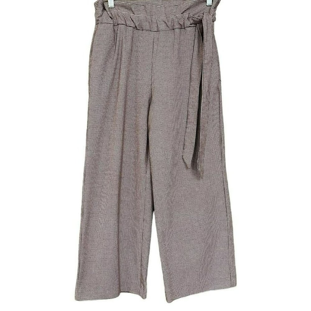 Zara trf Red‎ Herringbone Paper Bag Waist Pull On Wide Leg Pants Womens S